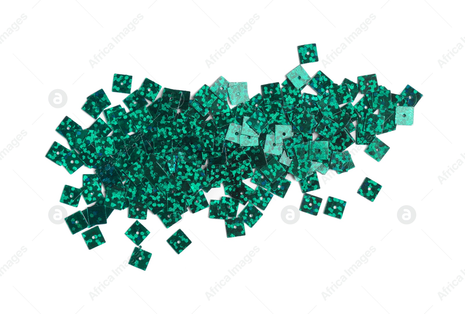 Photo of Pile of green sequins isolated on white, top view