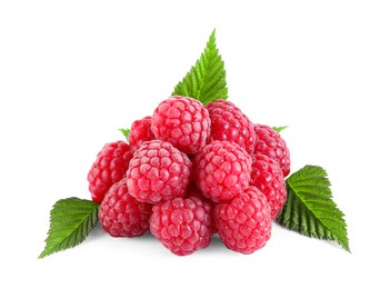 Photo of Many fresh ripe raspberries and green leaves isolated on white