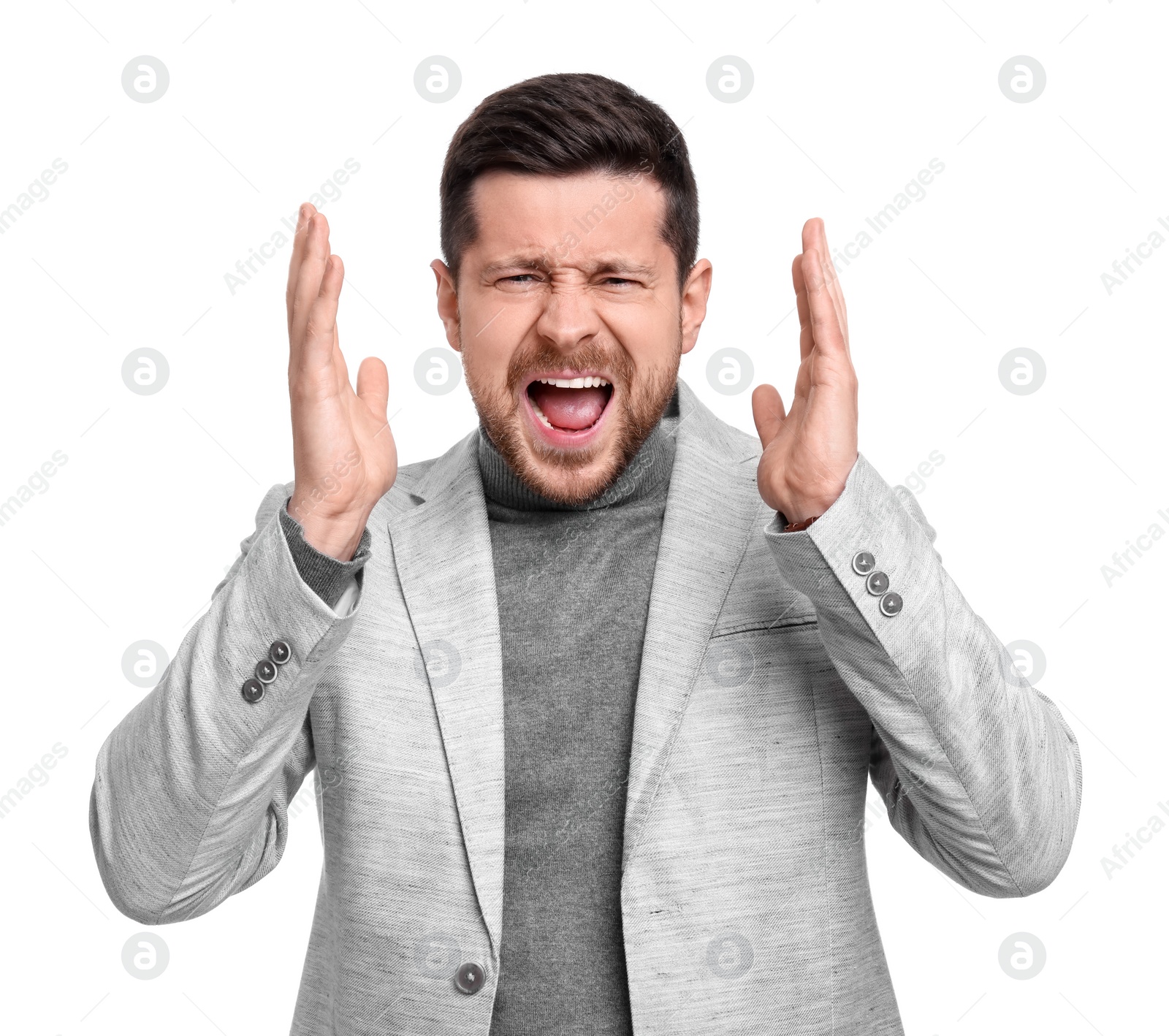 Photo of Emotional businessman in suit on white background