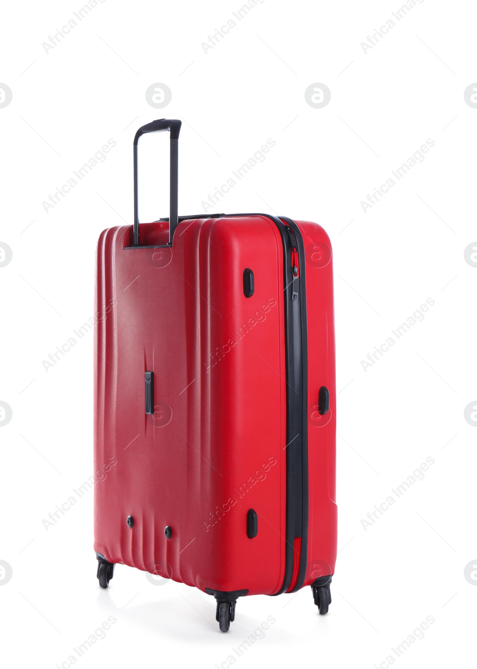 Photo of Red suitcase for travelling on white background