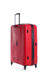 Photo of Red suitcase for travelling on white background