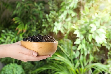 Photo of Woman holding bowl of fresh ripe black mulberries on blurred natural background, closeup. Space for text