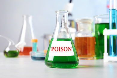 Image of Flask with poison on table in laboratory