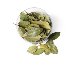 Aromatic bay leaves in glass jar on white background, top view