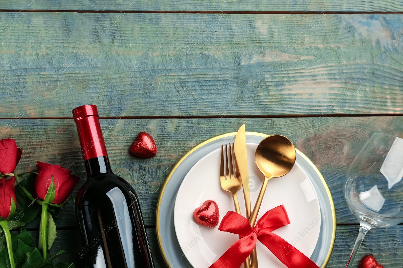 Photo of Beautiful table setting on wooden background, flat lay with space for text. Valentine's Day dinner