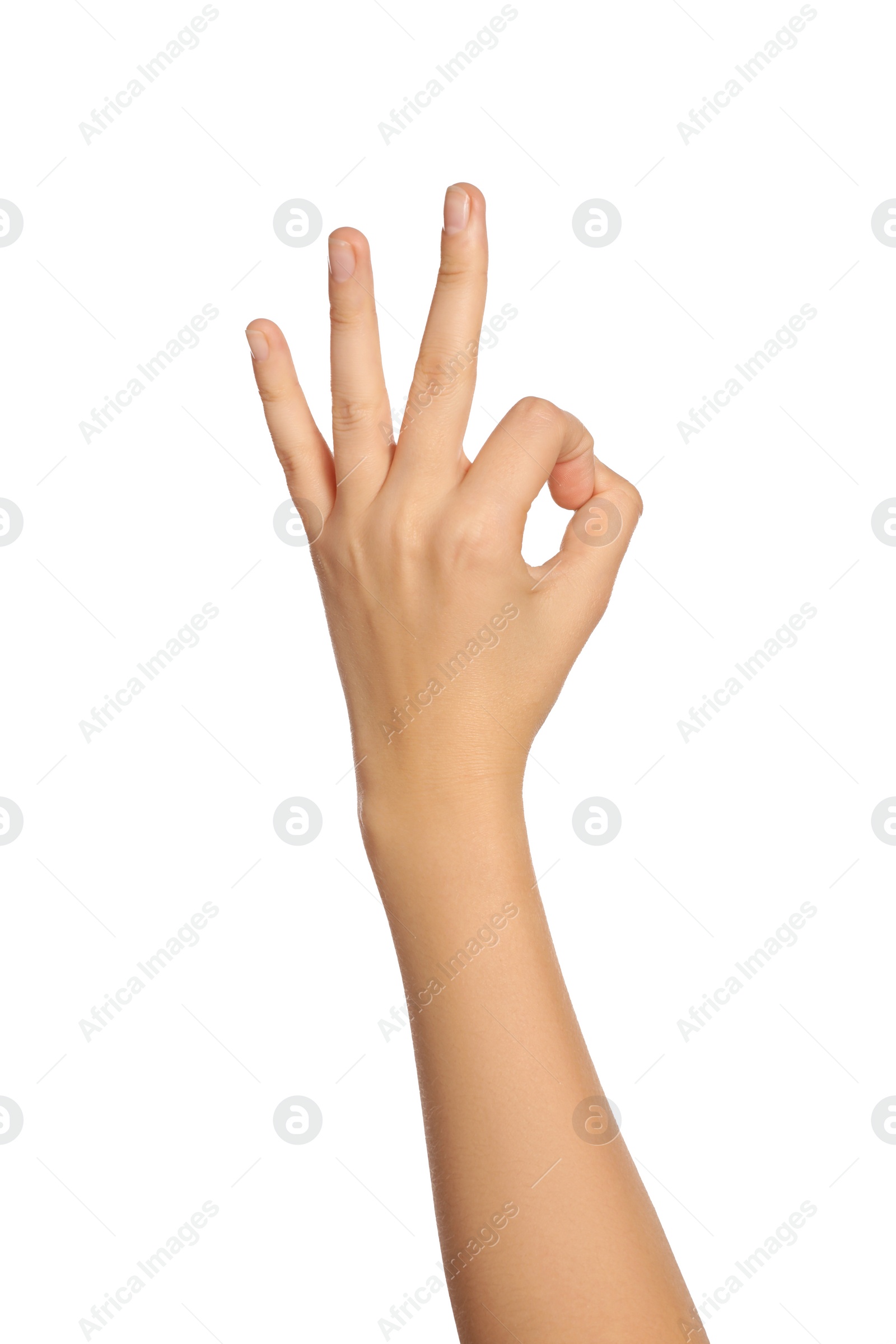 Photo of Woman showing okay gesture on white background, closeup of hand