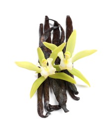 Vanilla pods and beautiful flowers isolated on white