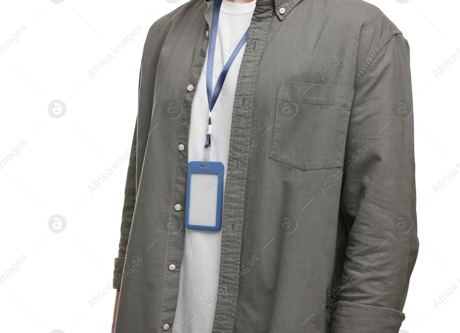 Photo of Man with empty badge on white background, closeup