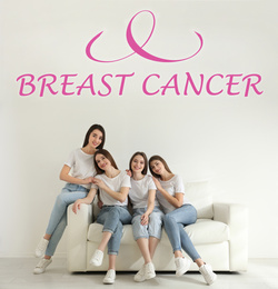 Image of Breast cancer awareness. Group of women on sofa indoors