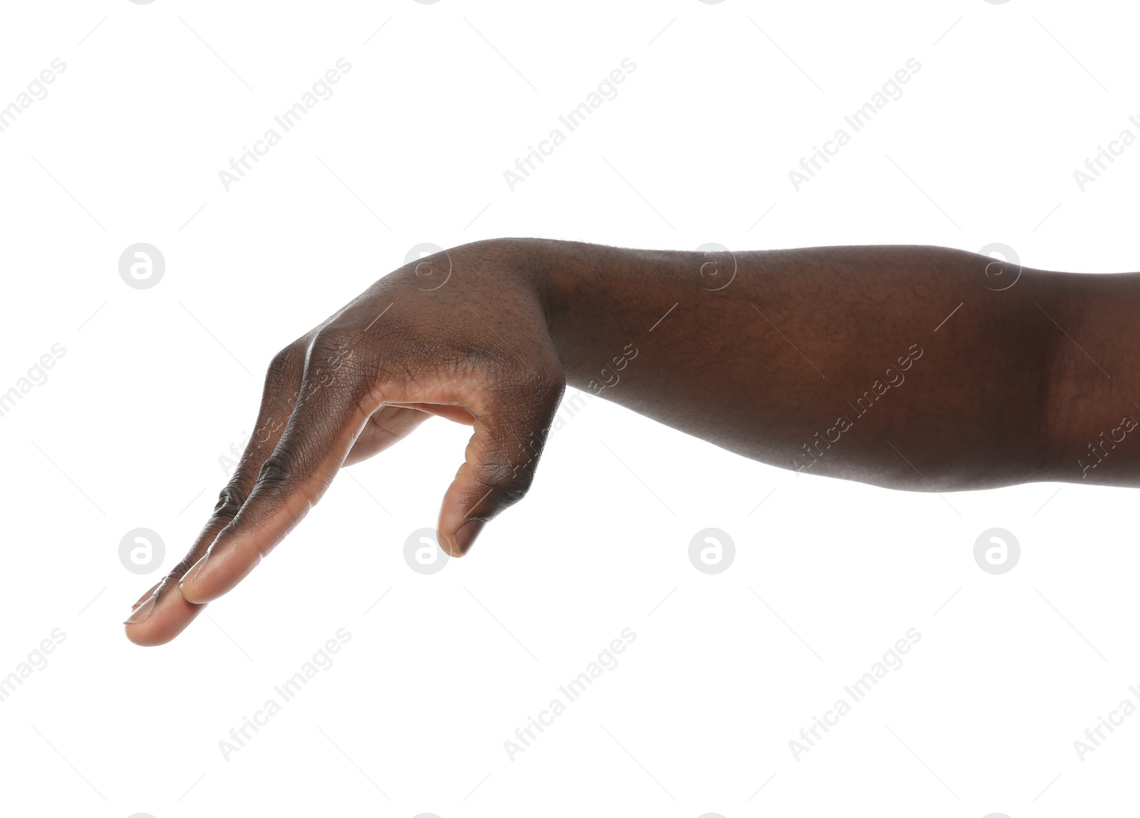 Photo of African-American man holding something in hand on white background, closeup