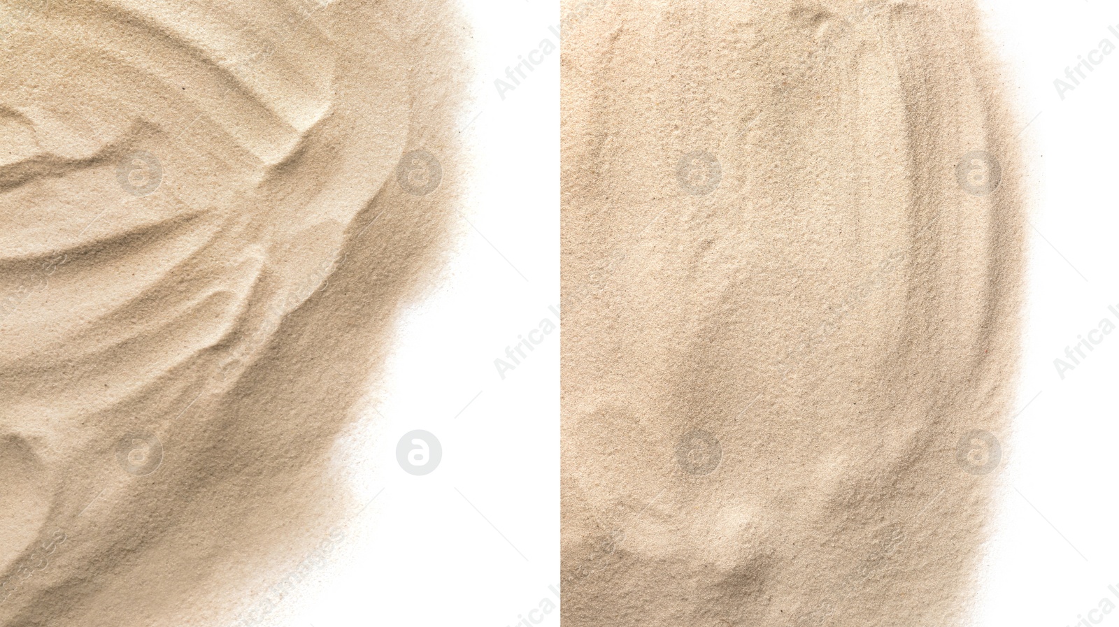 Image of Heaps of dry beach sand on white background, top view