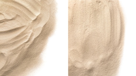 Heaps of dry beach sand on white background, top view