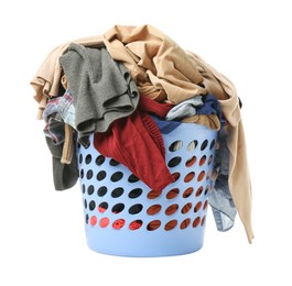 Plastic laundry basket full of clothes isolated on white