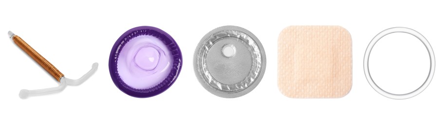 Contraceptive patch, vaginal ring, condom, intrauterine device and emergency pill isolated on white. Different birth control methods