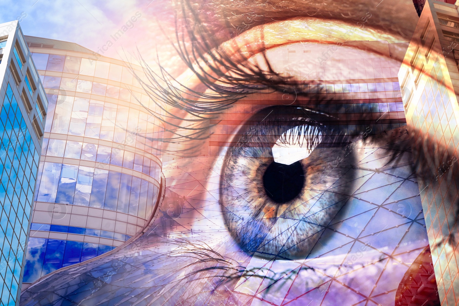 Image of Double exposure of modern buildings and woman with beautiful eye, closeup