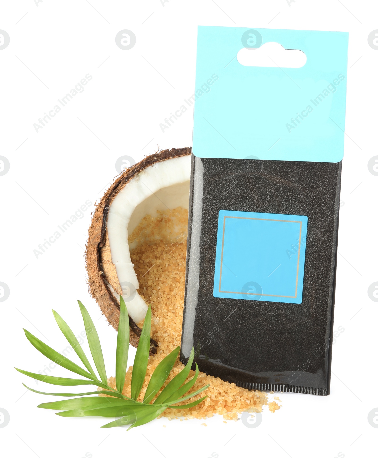 Photo of Scented sachet, coconut and brown sugar on white background