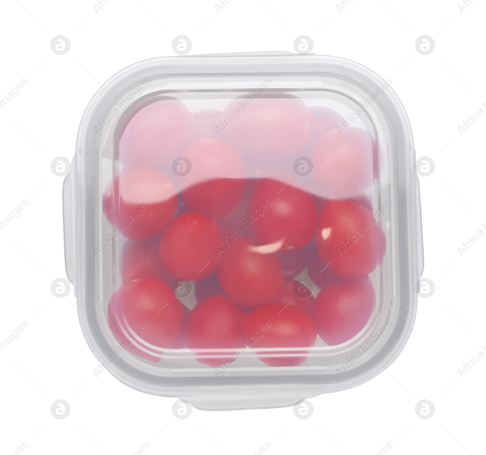 Photo of Glass container with fresh cherry tomatoes isolated on white, top view