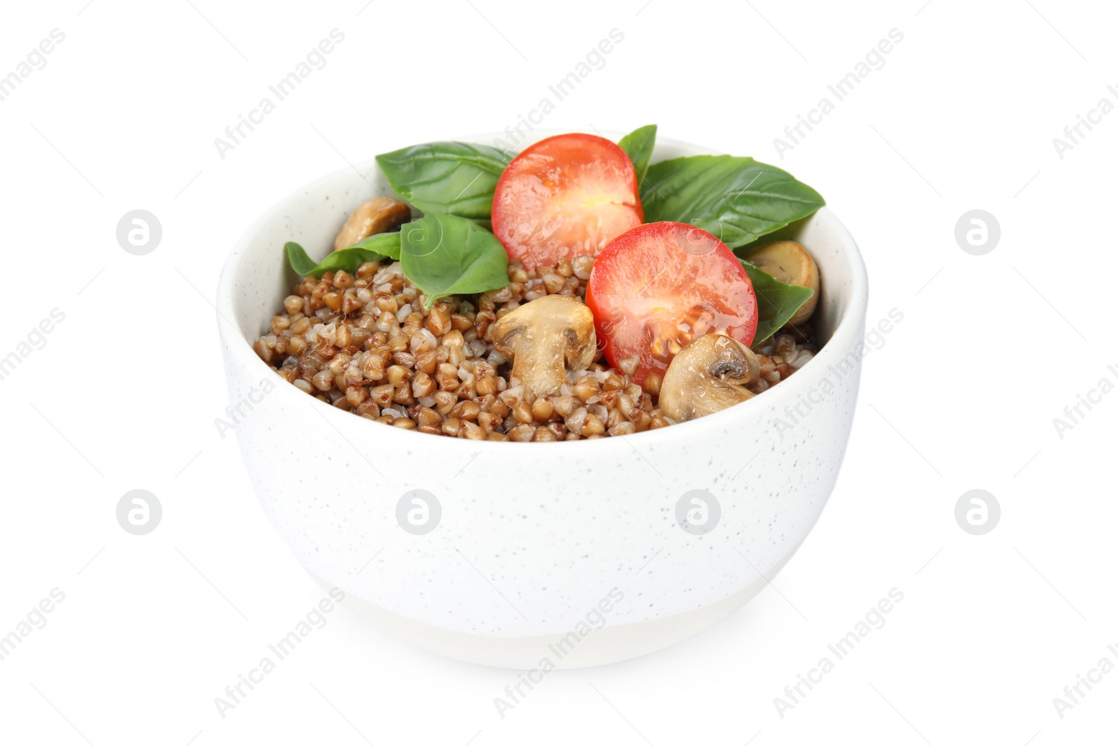 Photo of Delicious buckwheat porridge with mushrooms and tomato on white background