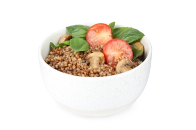 Photo of Delicious buckwheat porridge with mushrooms and tomato on white background