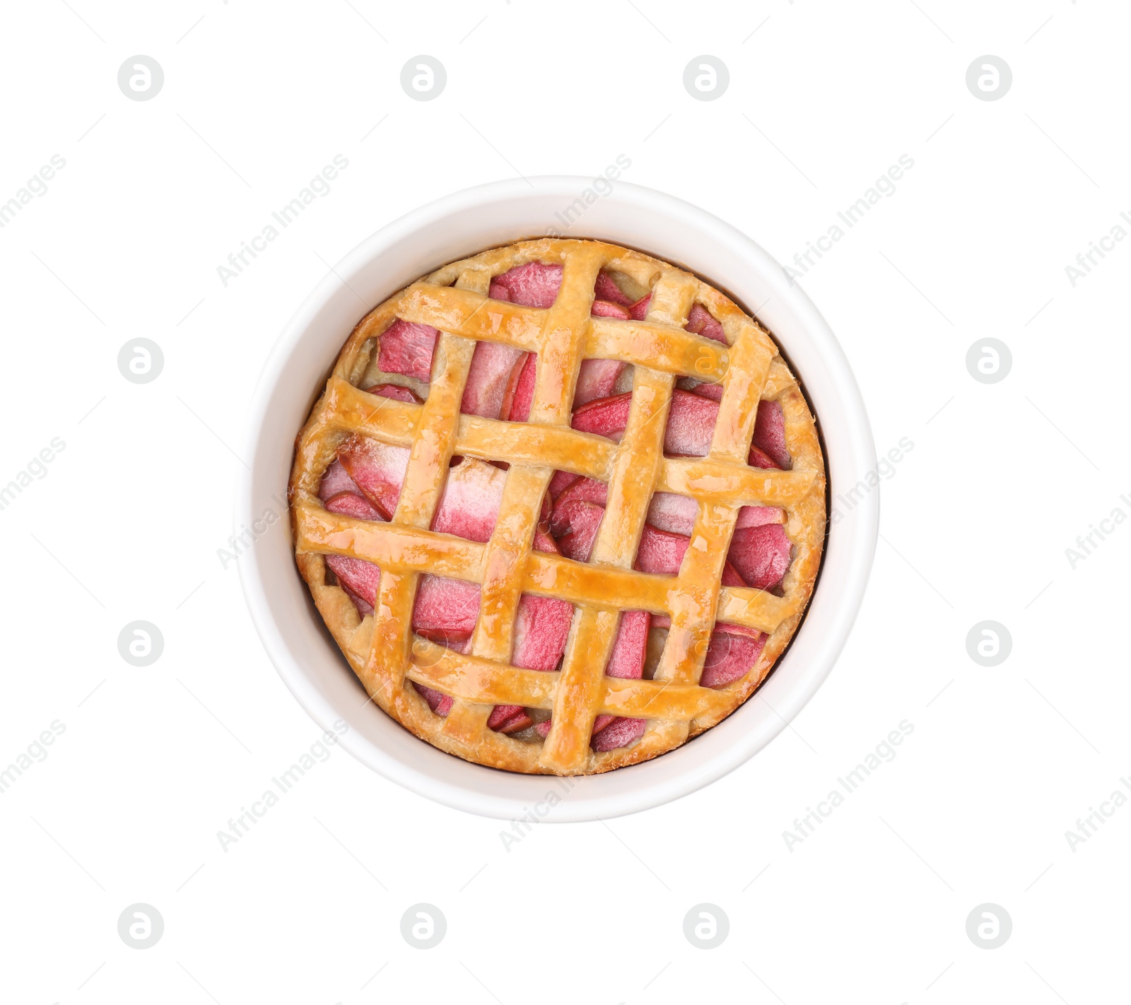 Photo of Baking dish with tasty apple pie isolated on white, top view