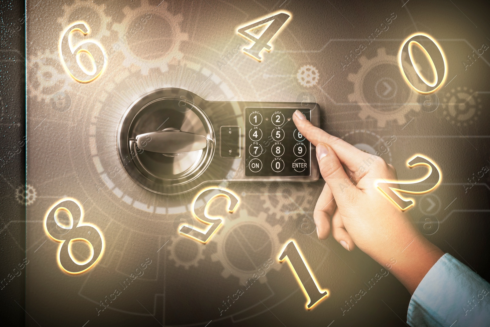 Image of Woman pressing buttons on keypad to lock steel safe, closeup. Numbers symbolizing code combination flying around