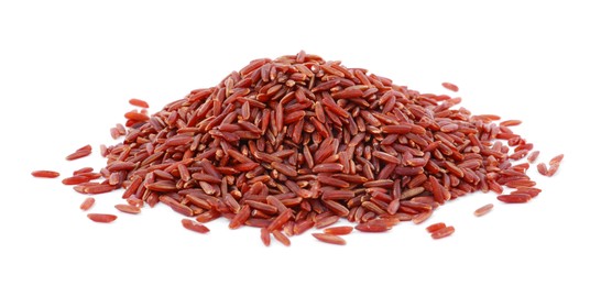 Photo of Pile of raw red rice isolated on white