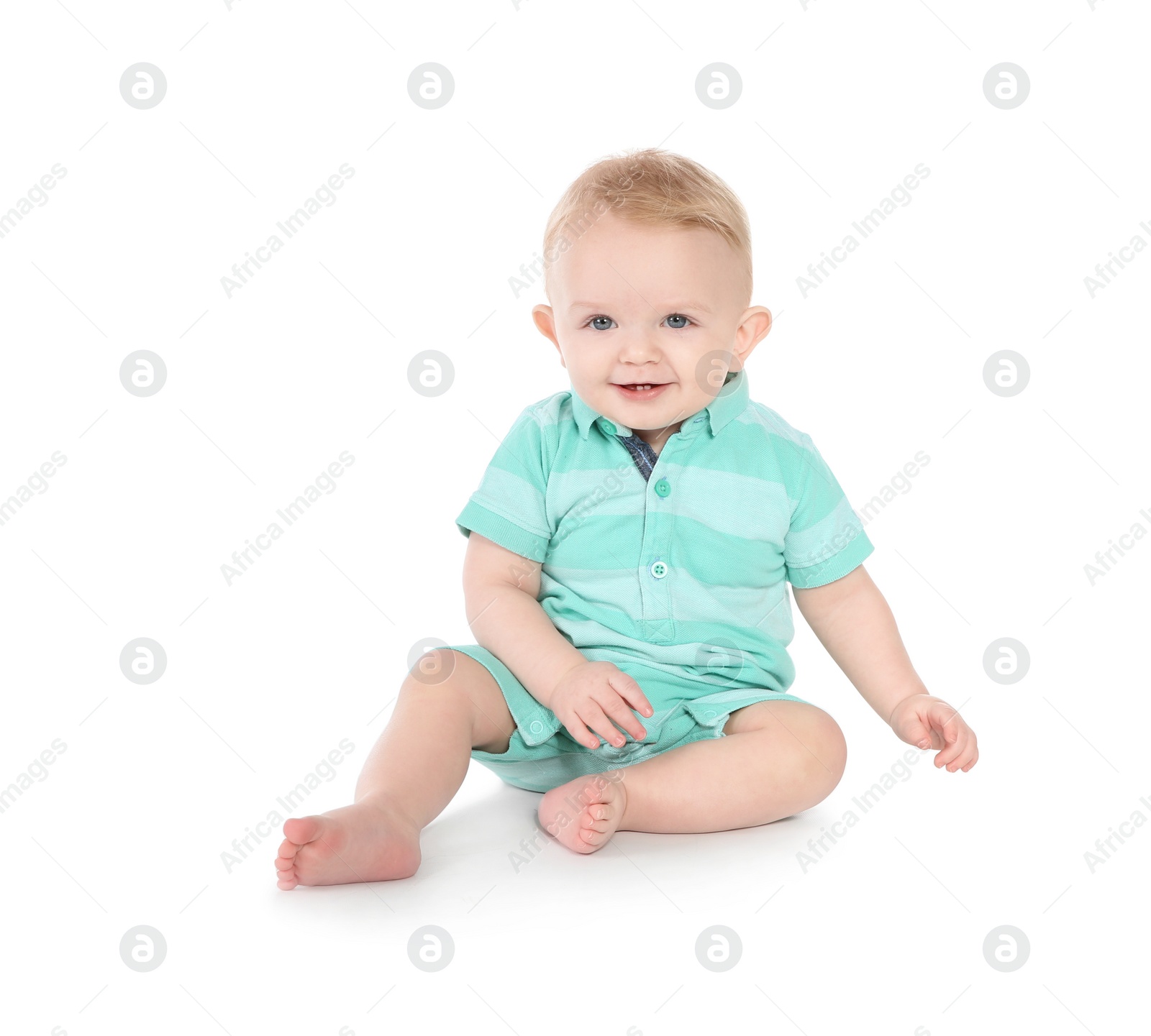 Photo of Cute little baby on white background. Crawling time