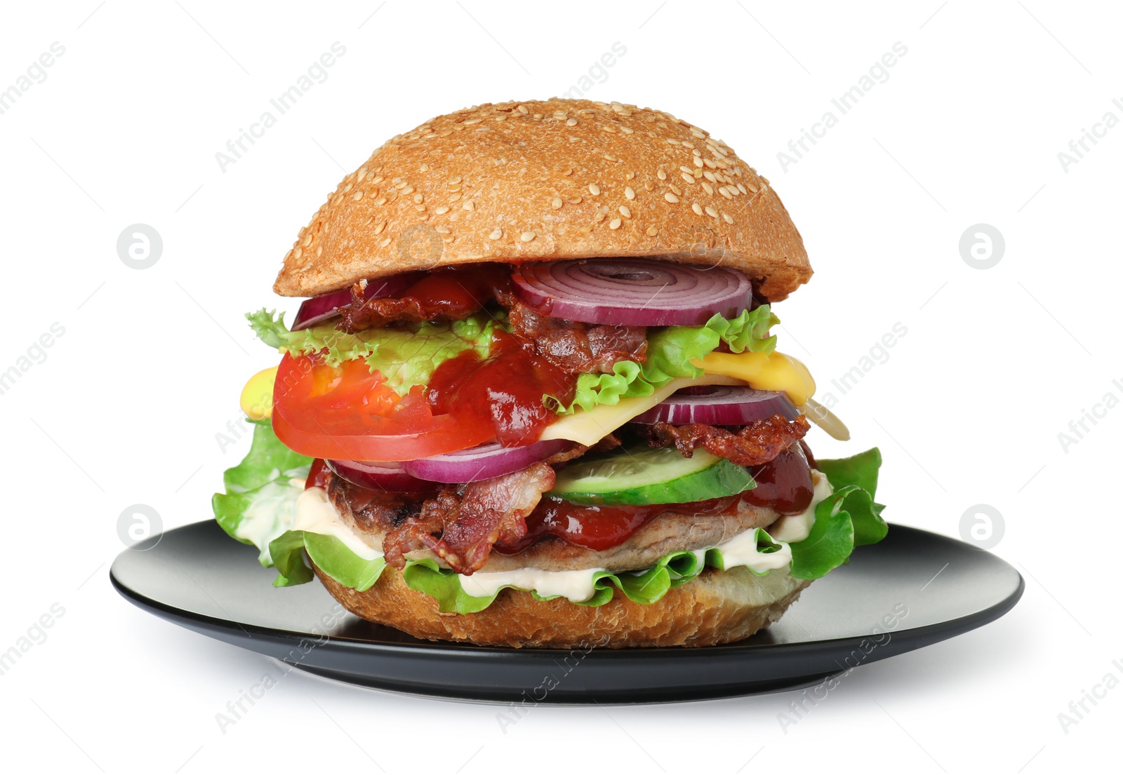 Photo of Plate with fresh tasty burger isolated on white background