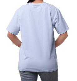Photo of Woman wearing light blue t-shirt on white background, closeup