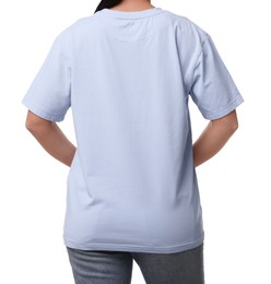 Woman wearing light blue t-shirt on white background, closeup