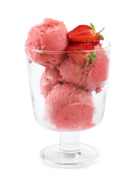 Photo of Delicious strawberry ice cream in dessert bowl on white background