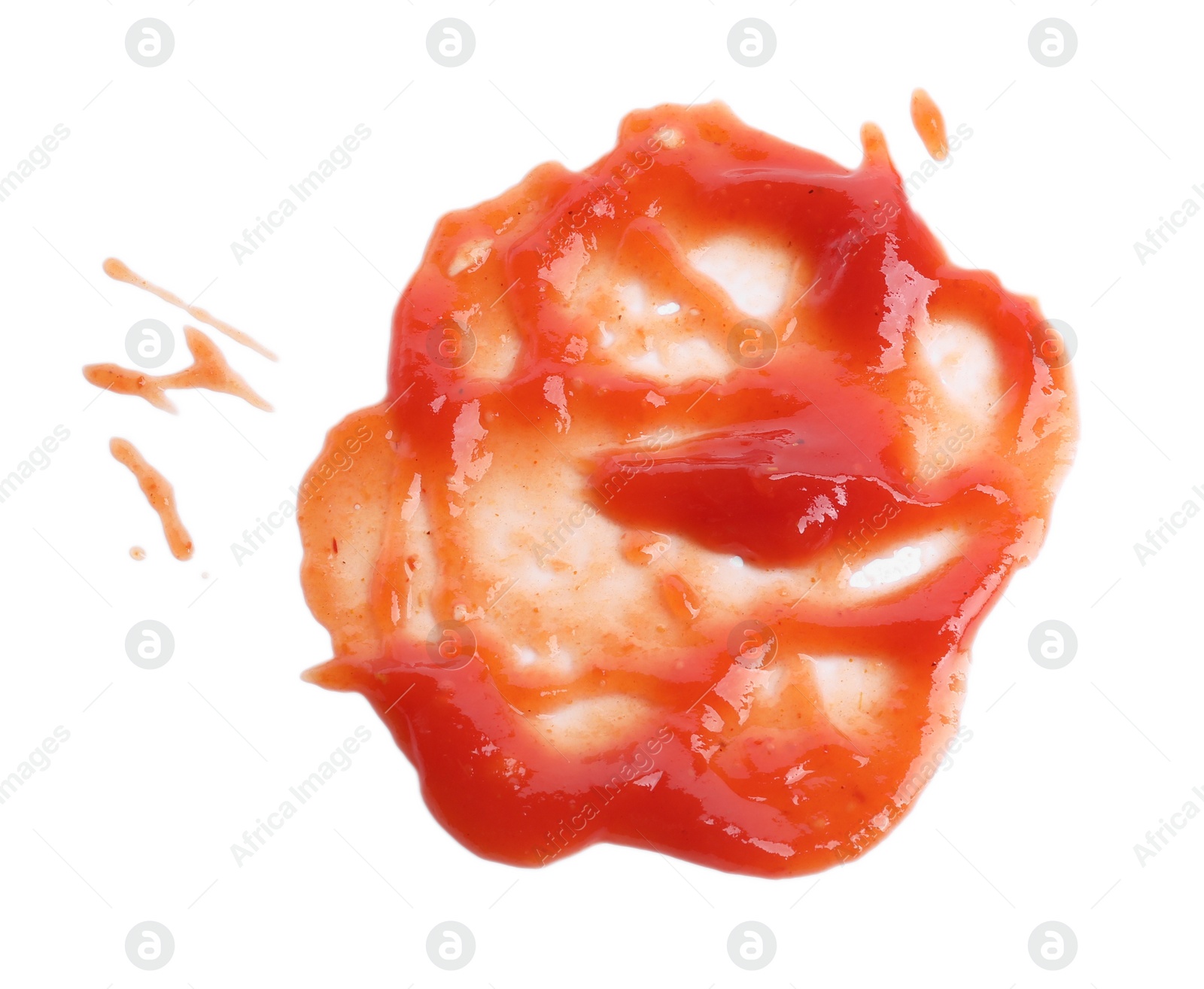 Photo of Tasty ketchup isolated on white, top view. Tomato sauce