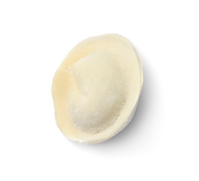 Photo of Frozen raw dumpling on white background. Traditional dish