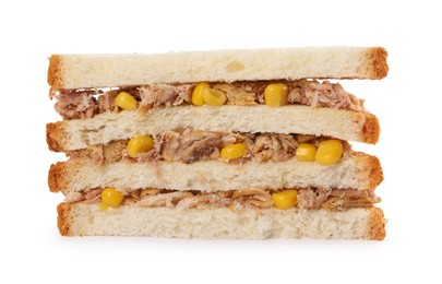 Delicious sandwich with tuna and corn on white background