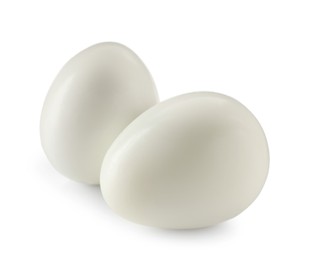 Photo of Peeled boiled quail eggs on white background