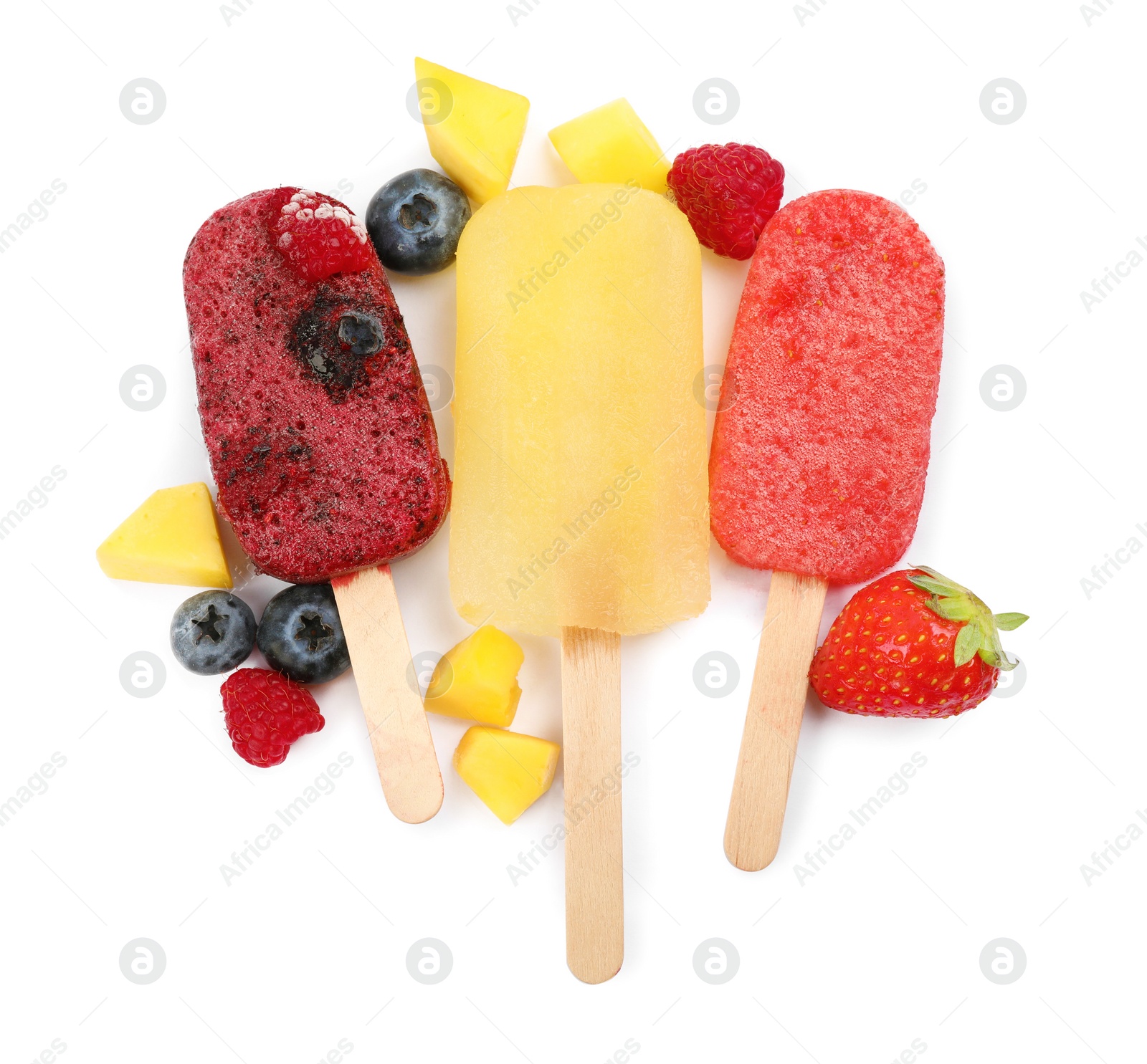 Photo of Different tasty ice pops isolated on white, top view. Fruit popsicle