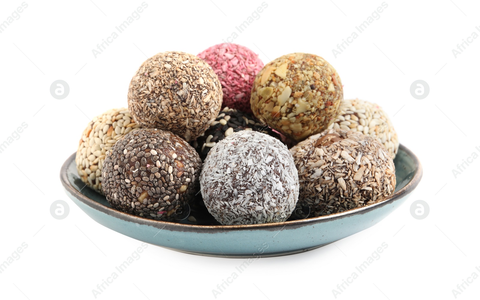 Photo of Different delicious vegan candy balls on white background