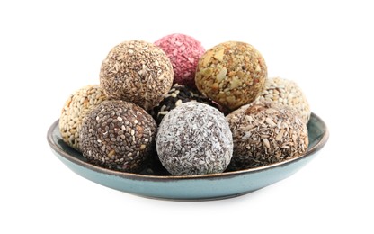 Different delicious vegan candy balls on white background