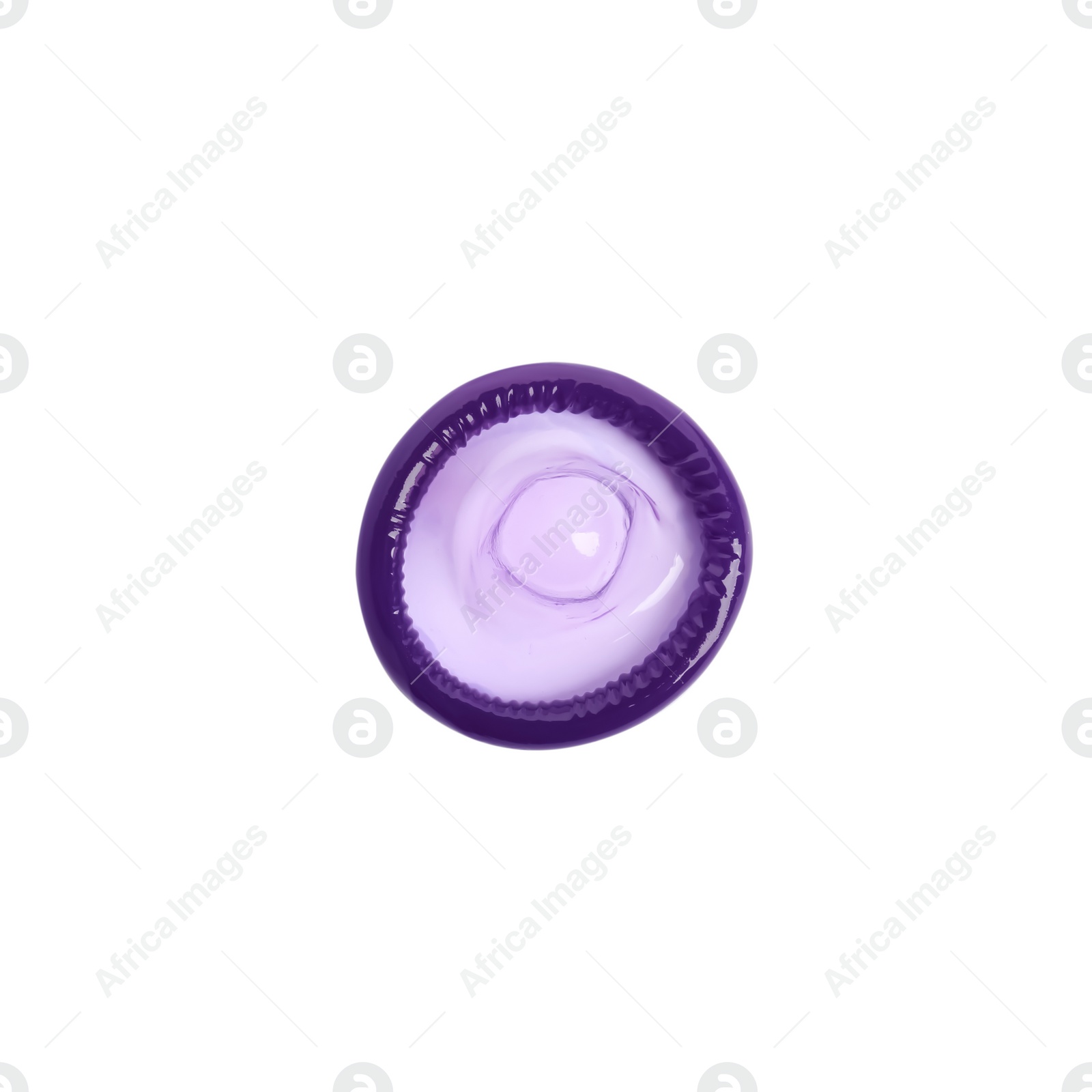 Photo of Unpacked purple condom isolated on white, top view. Safe sex
