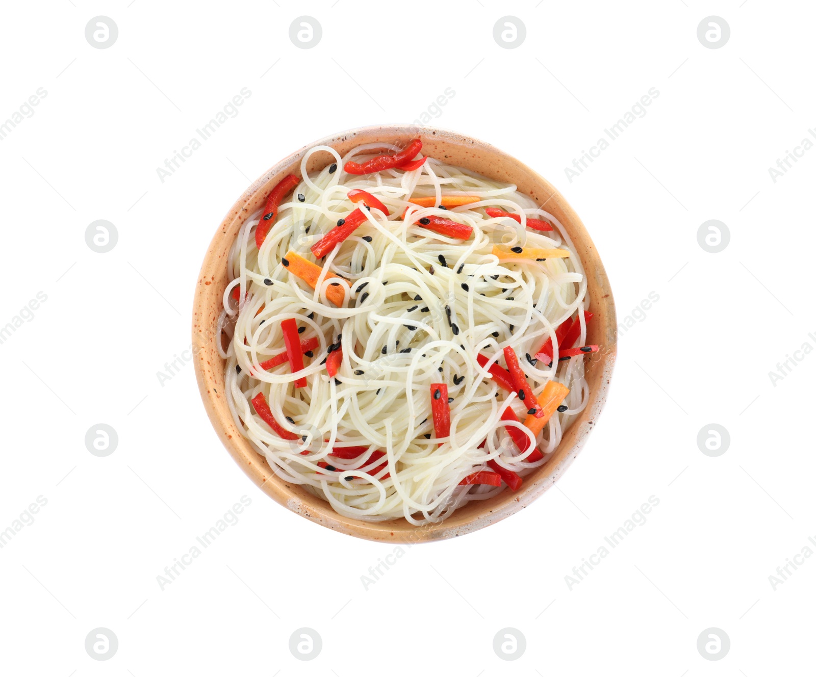 Photo of Bowl of delicious noodles with vegetables isolated on white, top view