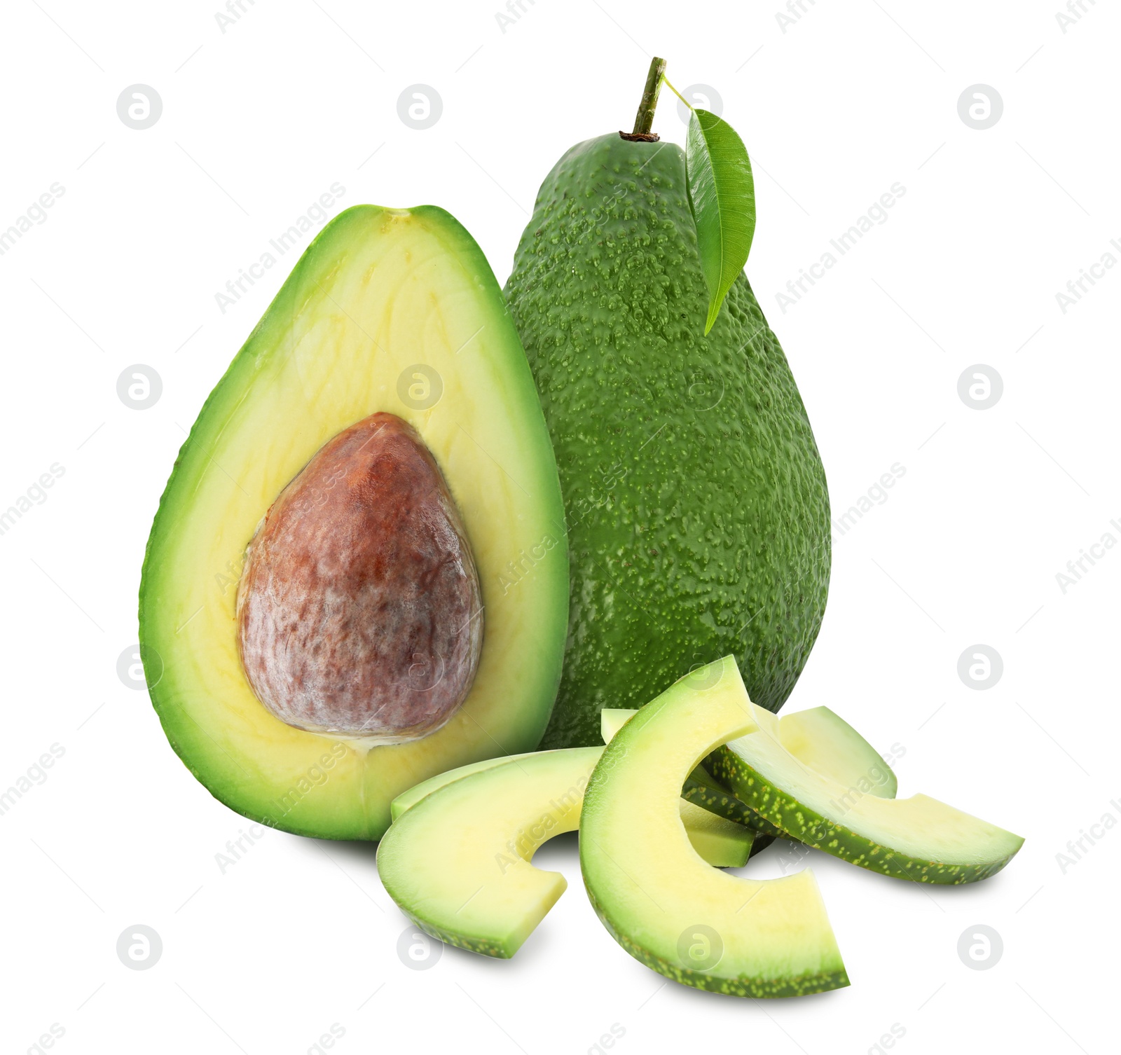 Image of Cut and whole fresh avocados on white background