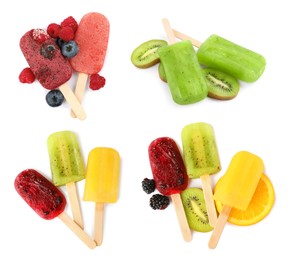 Image of Set with tasty berry ice pops on white background