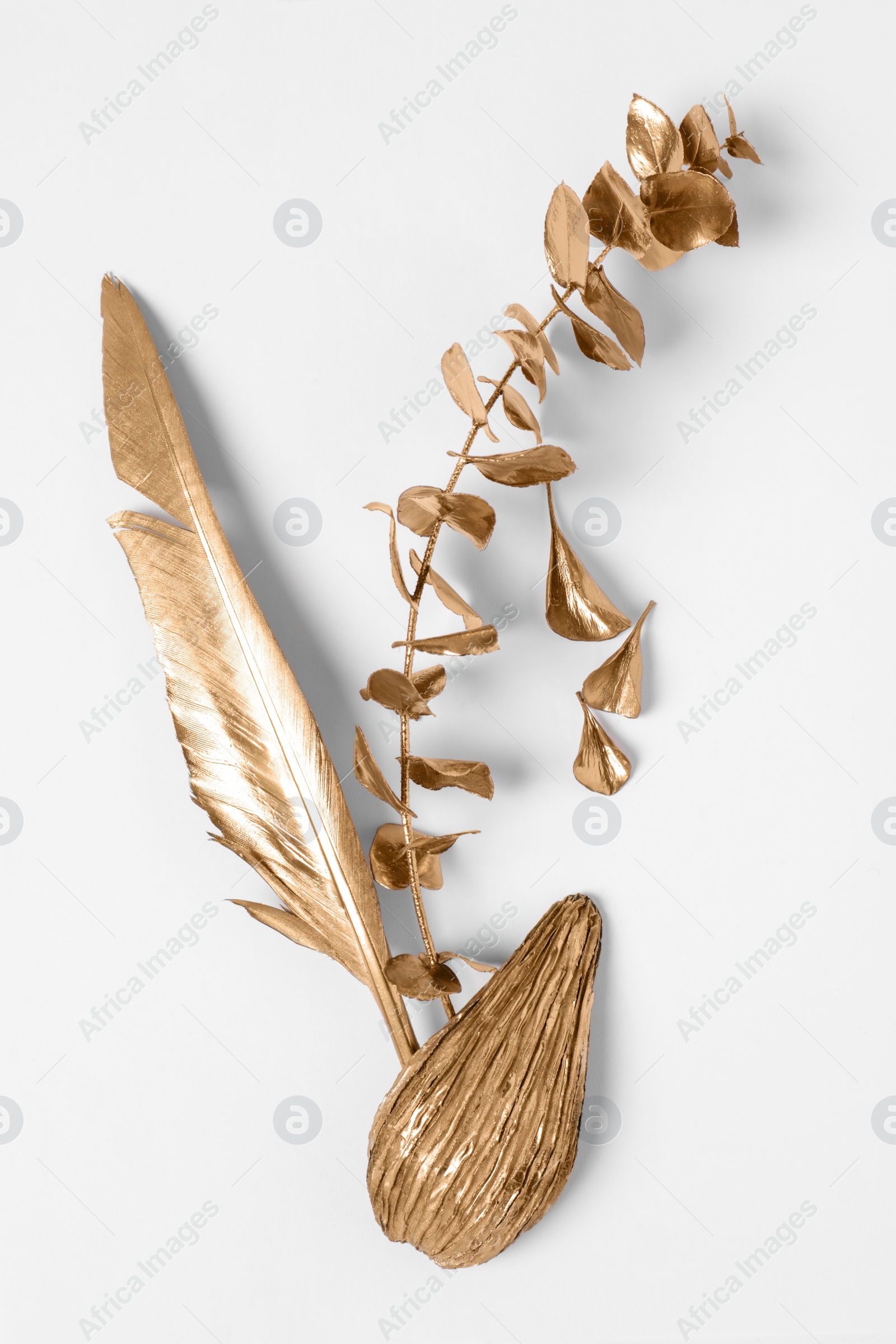 Photo of Shiny stylish golden half of avocado, branch with leaves and feather on white background, flat lay. Decor elements