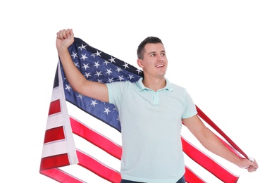 Photo of Portrait of man with American flag on white background