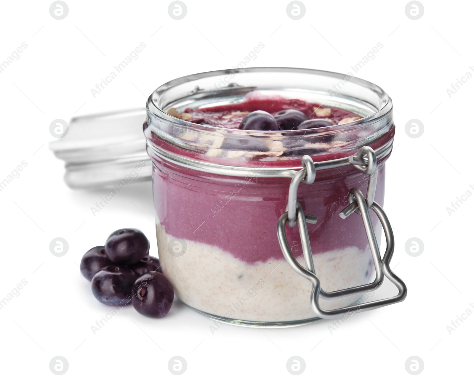 Photo of Jar with tasty acai smoothie on white background