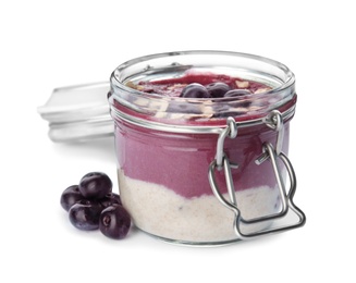 Jar with tasty acai smoothie on white background