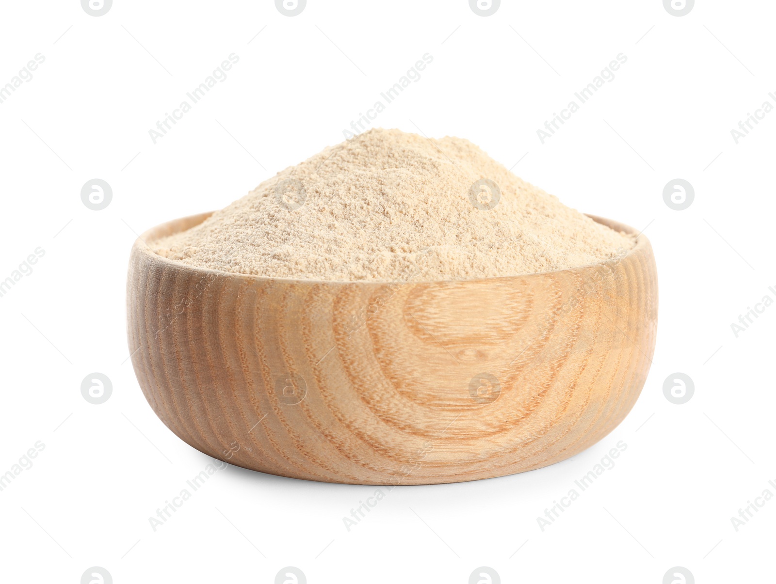 Photo of Bowl of buckwheat flour isolated on white