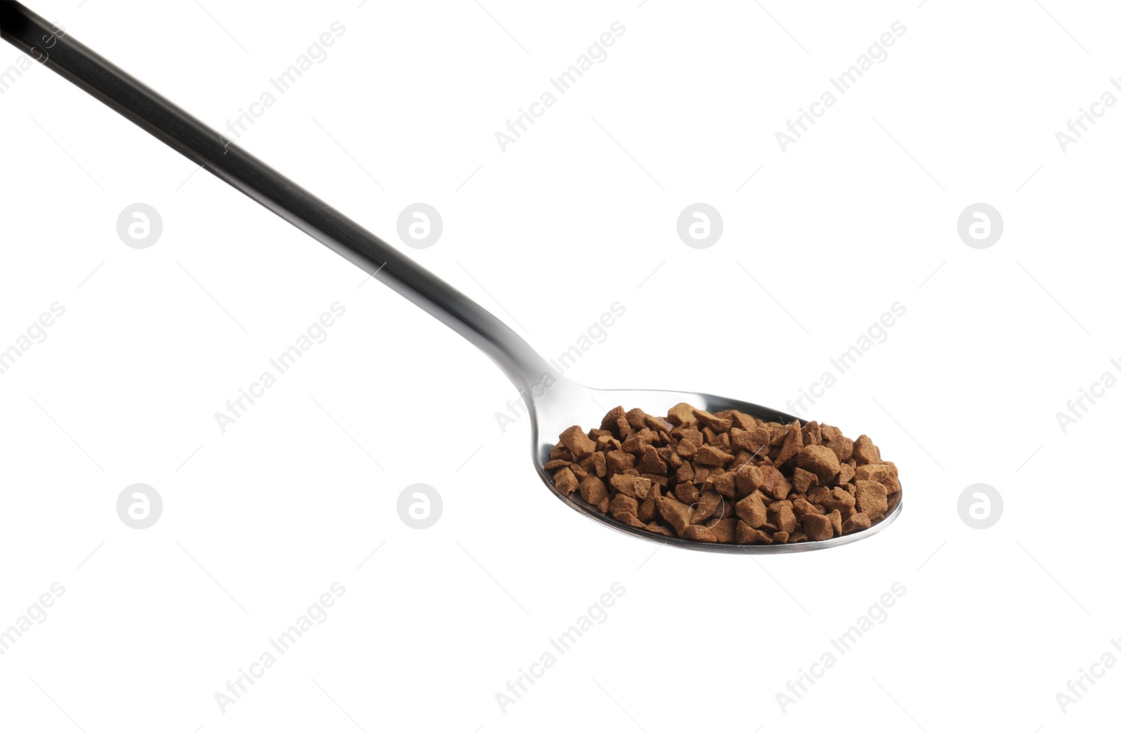 Photo of Spoon with aromatic instant coffee isolated on white