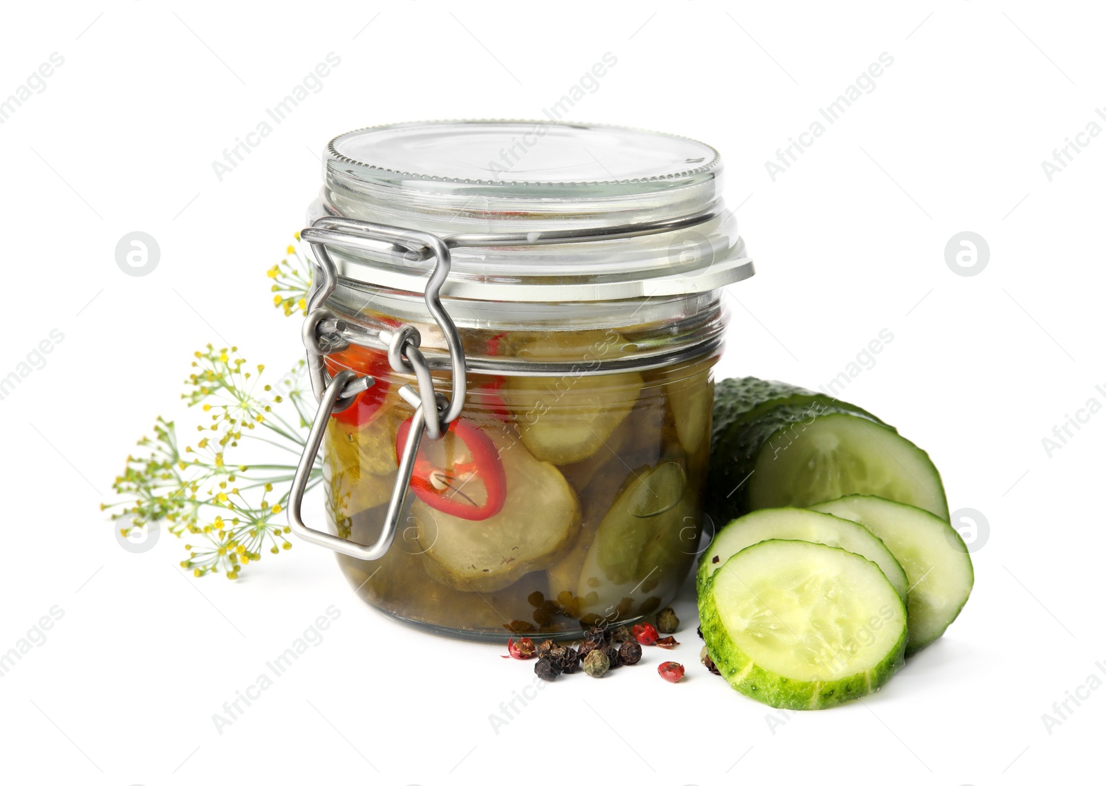 Photo of Jar with pickled cucumbers on white background