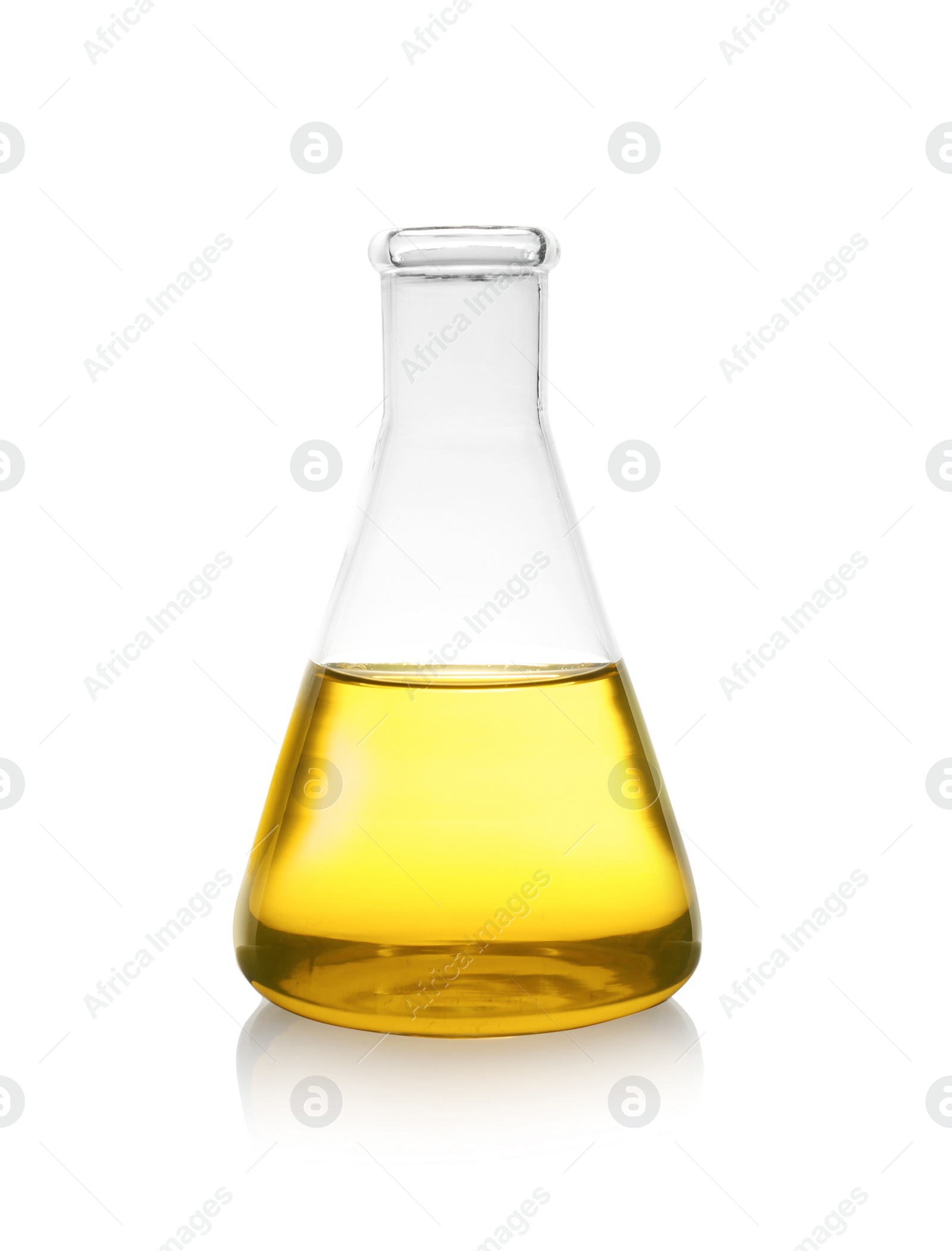 Photo of Conical flask with color liquid on white background. Solution chemistry